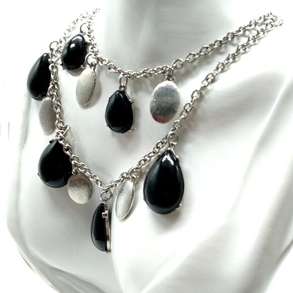 Synthetic Black Cabochon & Silver-tone Double Strand Necklace 16-19" NWOT - Picture 3 of 12